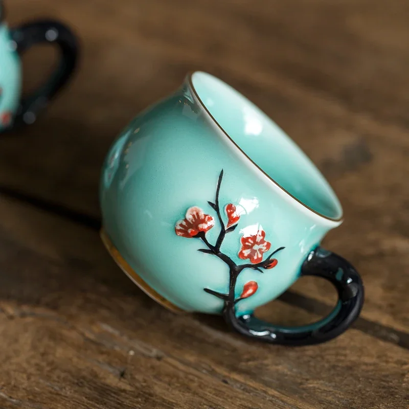 Handmade Ceramic Mug - Cangkir Teh Keramik Pola Plum Buatan